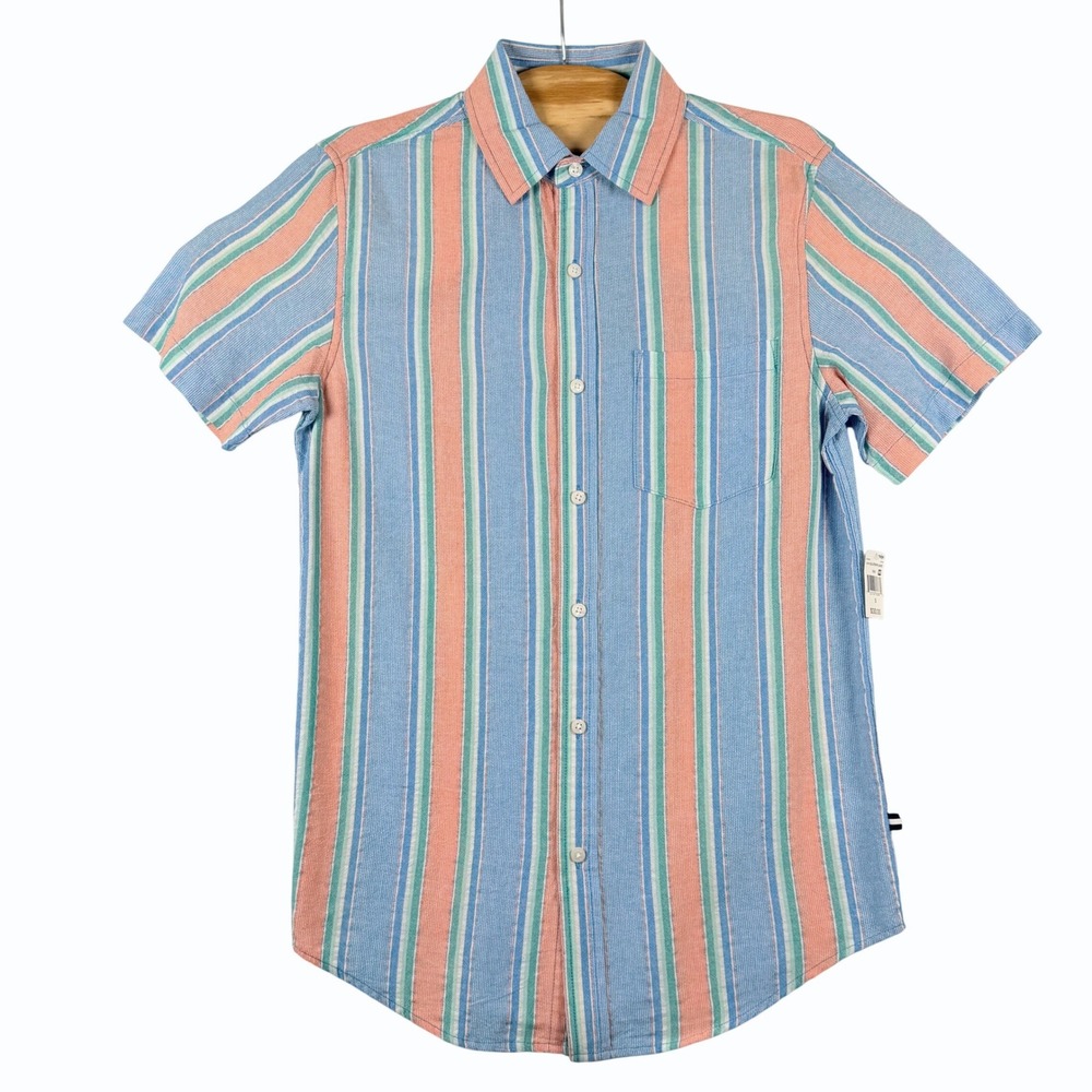 Edgar Ash Mens S Short Sleeve Button Down Blue Orange Striped Summer Beach Shirt